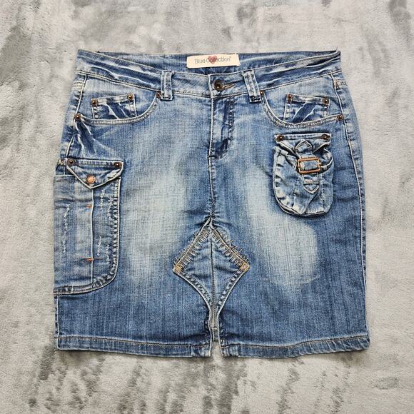 Vintage Y2K Blue Collection Skirt Womens 33 Blue Denim Cargo Front Slit Mini - Picture 1 of 9